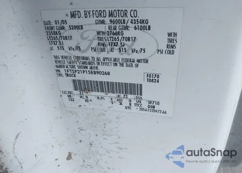 2005 Ford F-250 Xl/Xlt from USA, damaged, VIN 1FTSF21P15EB90268